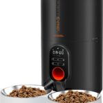 WOPET Automatic Cat Feeders for Two Cats - 4L Timed Cat Feeder Dry Food Dispenser with Splitter 2 Stainless Bowls, 10s Meal Call, Up to 20 Portions, 6 Meals Per Day for Cats & Dogs (Black-White)