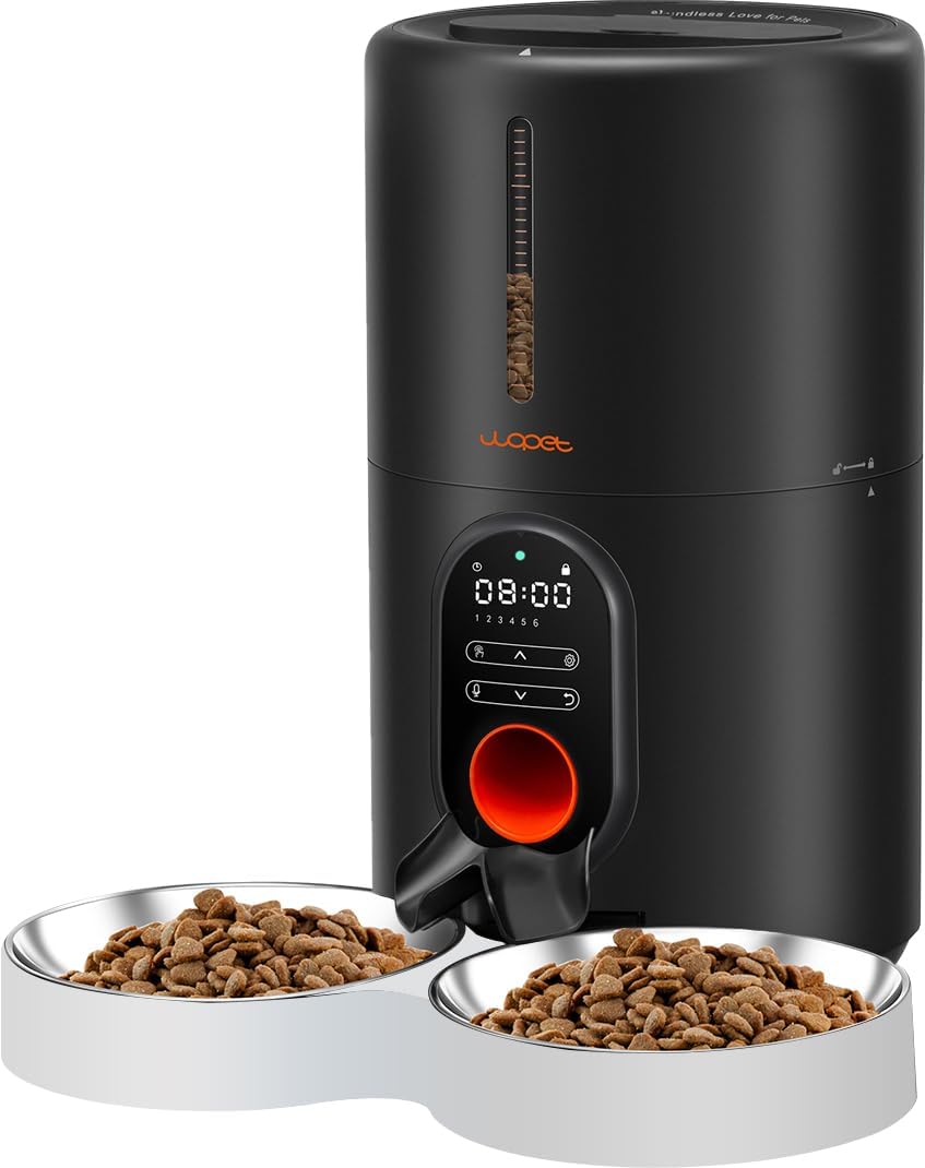 516Whdpho7L._AC_SL1070_.jpg WOPET Automatic Cat Feeders for Two Cats - 4L Timed Cat Feeder Dry Food Dispenser with Splitter 2 Stainless Bowls, 10s Meal Call, Up to 20 Portions, 6 Meals Per Day for Cats & Dogs (Black-White) - Image 1