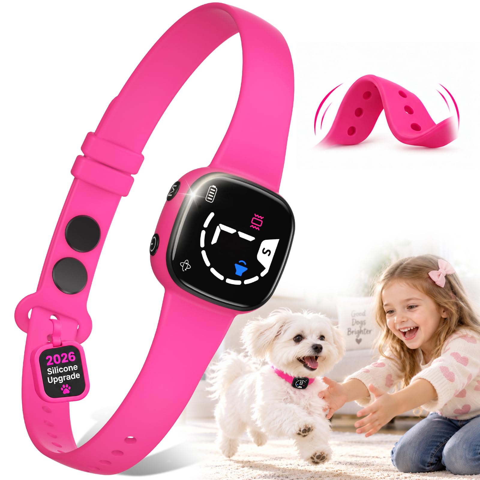 Version 1.0.0 SLAYKAM No Bark Collar with Silicone Strap, No-harm Dog Bark Collar, Bark Collar for Small Medium Large Dogs, Fashionable and Light-Weight Bark Collar with Beep&Vibration Modes, 8 Sensitivity, Pink - Image 1