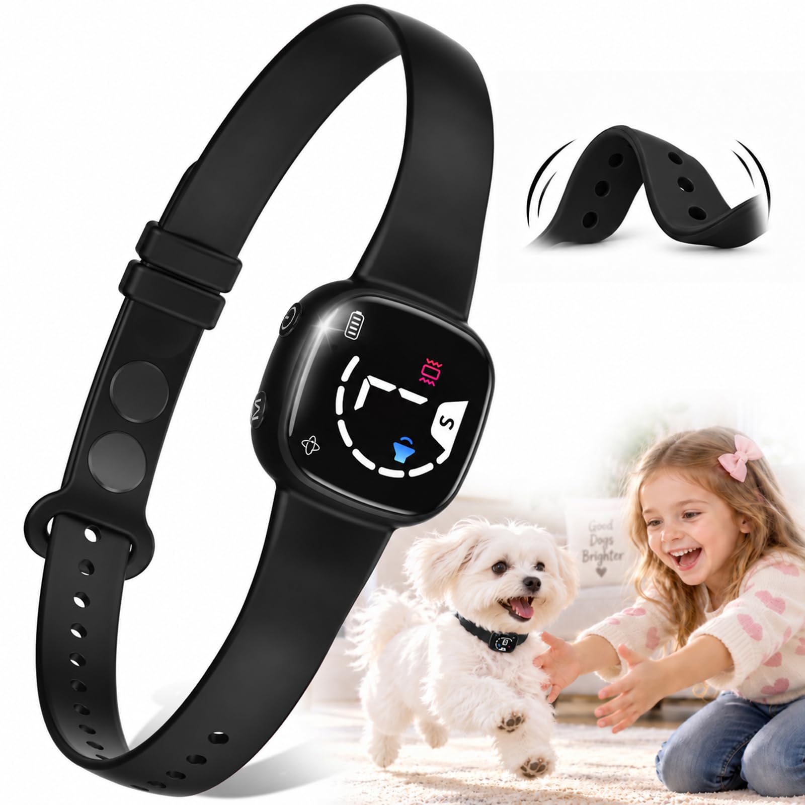 Version 1.0.0 No Bark Collar with Silicone Strap, No-harm Dog Bark Collar, Bark Collar for Small Medium Large Dogs, Fashionable and Light-Weight Bark Collar with Beep&Vibration Modes, 8 Sensitivity, Carbon Black - Image 1