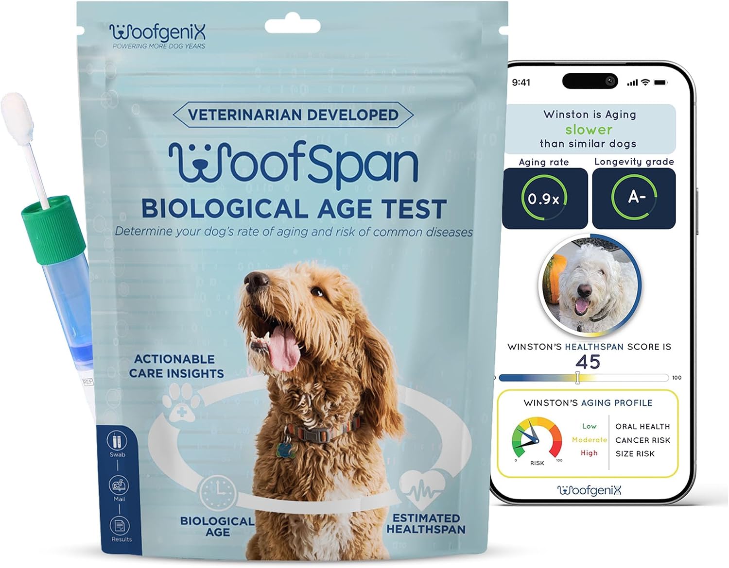 71I9wrWS0LL._AC_SL1500_.jpg WoofSpan Dog Biological Age Test - DNA Methylation Science to Assess Healthspan, Aging Rate, and Risk - Image 1