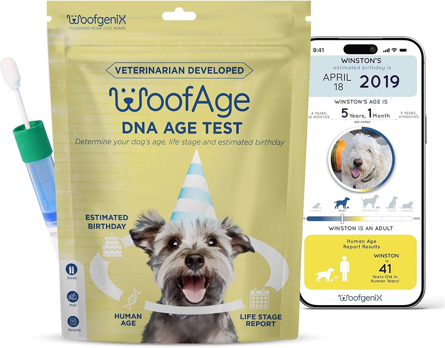 71vgFVgei6L._AC_SL1500_.jpg WoofAge Dog Age Test Kit - Estimates Age and Birthday - DNA Methylation - Best for Dogs Past Puppy Stage - Image 1